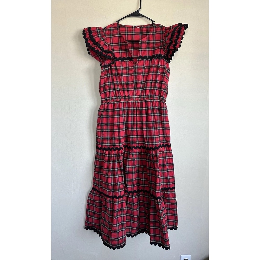 Red Tartan Plaid Frontier Dress 100% Cotton Tiered Ruffled Scottish Mountain - Picture 1 of 16